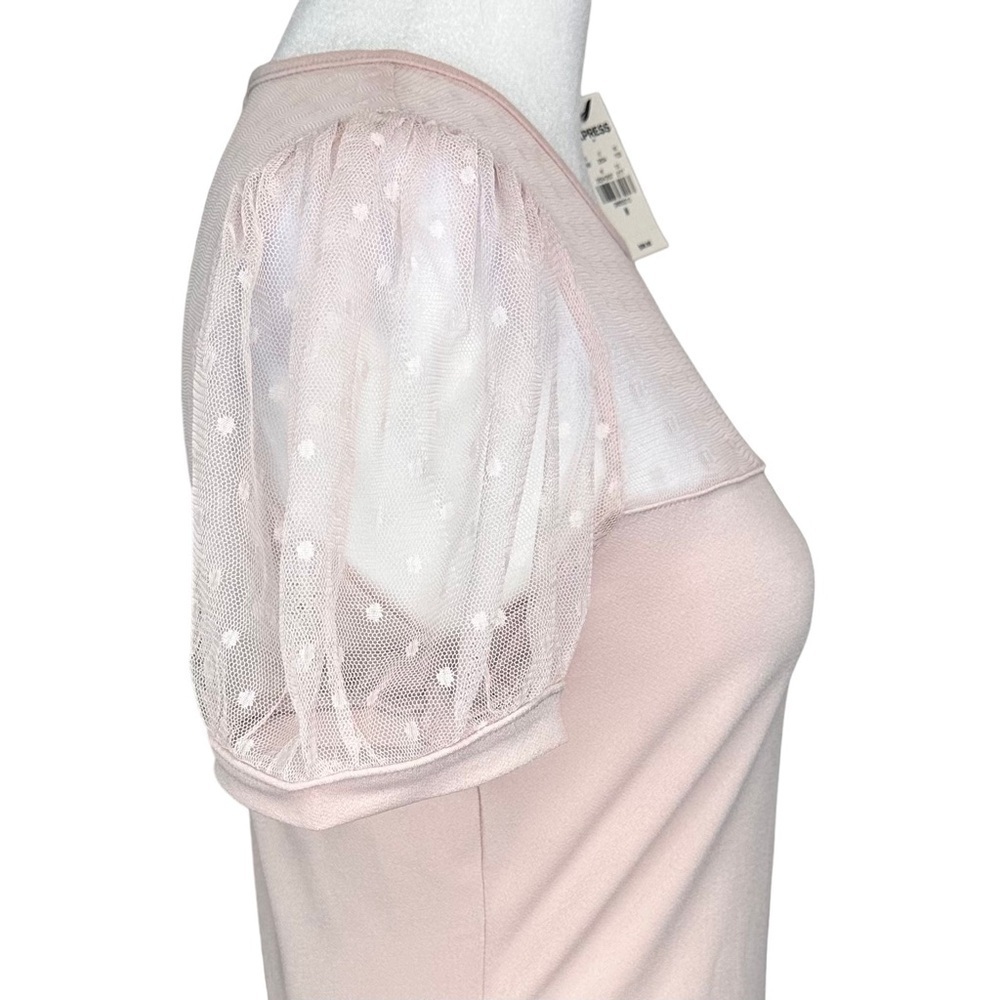 Express Pink Mesh Yoke Dot Sleeve Short Sleeve Top - Picture 7 of 12